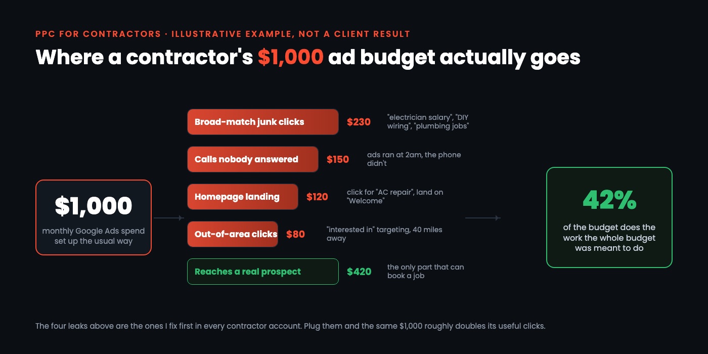 Where a contractor's $1,000 Google Ads budget goes: four leaks and the 42 percent that reaches a real prospect